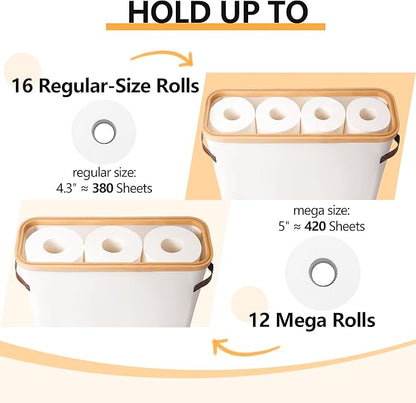 Extra Large Toilet Paper Storage Basket with Lid, 32.4L Toilet Paper Holder for Bathroom, Modern Neutral Style Holds 12–16 Rolls Waterproof & Sturdy with Leather Handles, Beige