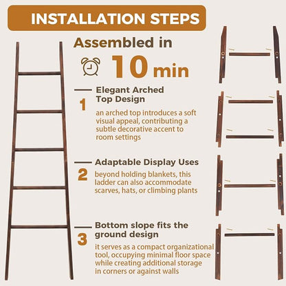 Sintuff Blanket Ladder for Living Room, 5.5ft Wooden Blanket Rack, 5-Tier Natural Leaning Tapered Ladder Shelf for Farmhouse Bedroom Living Room Bathroom Decor, Walnut Brown