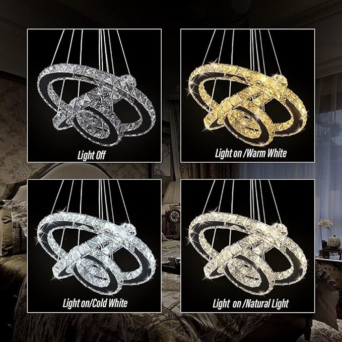 Modern Crystal Chandeliers LED Chandelier Fixtures 3 Rings Round DIY Pendant Lighting Stainless Steel Adjustable Chandelier Ceiling Light for Dining Room Bedroom Living Room (3 Colors)
