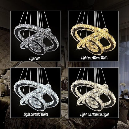 Modern Crystal Chandeliers LED Chandelier Fixtures 3 Rings Round DIY Pendant Lighting Stainless Steel Adjustable Chandelier Ceiling Light for Dining Room Bedroom Living Room (3 Colors)