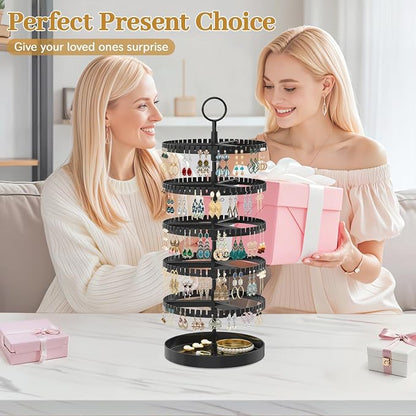MODOWEY 5 Tier Rotating Earring Holder Organizer Display Tree with Metal Tray, Adjustable Plastic Stand with 285 Slots for Stud Hoop Hanger, Large Capacity Storage Rack for Women Space Saving, Black