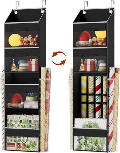 Black Over Door Wrapping Paper Organizer Storage with 3 Removable Drawers & Side Pockets – Dual Use Design with Elastic Straps – Christmas Gift Wrap Storage for Ribbons, Bows,Ornament and Other Tools