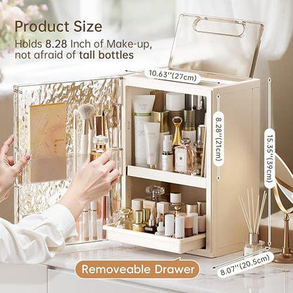 HAIXIN Makeup Organizer with Drawer & Brush Holder, Plastic Cosmetic Display Cases, Large Vanity Organizer Countertop Waterproof for Skincare, Perfume, Bathroom & Dresser (White & Amber)