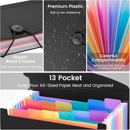 13 Pocket A6 Receipt Organizer, 2 Pack Small Accordion File Organizer, Coupon Organizer with Labels - Clear and Black