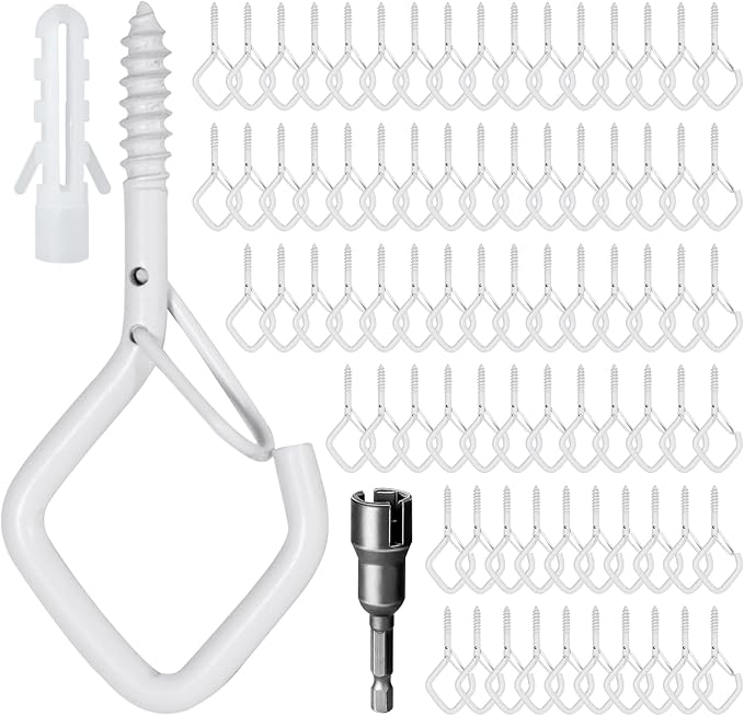 80 Pcs Outdoor Hooks for String Lights,Screw Hooks for Hanging Plants,Ceiling Hooks with Safety Buckle,Square Hanger for Wind Chimes,Bird Feeder,Lanterns,Christmas Decorations White