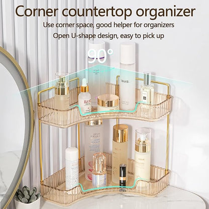2-Tier Corner Bathroom Counter Organizer – Classic Storage Shelf for Makeup, Perfume & Toiletries, Space-Saving Countertop Tray Fits Bathroom, Dresser, Kitchen (Vintage Gold)