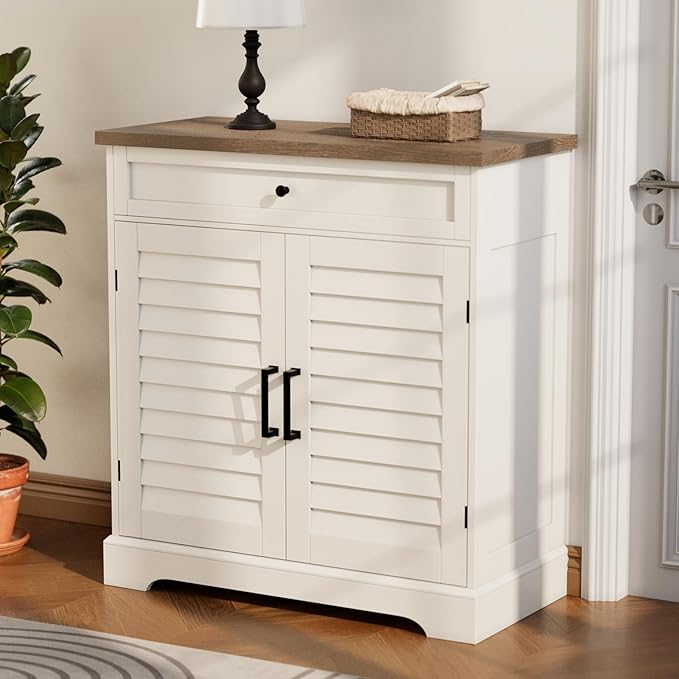 ChooChoo Farmhouse Shoe Cabinet with Doors, 4-Tier Shoe Storage Cabinet with Drawer and Shelves, Wooden Shoe Rack Organizer for Entryway, Hallway, Closet, White