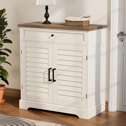 ChooChoo Farmhouse Shoe Cabinet with Doors, 4-Tier Shoe Storage Cabinet with Drawer and Shelves, Wooden Shoe Rack Organizer for Entryway, Hallway, Closet, White