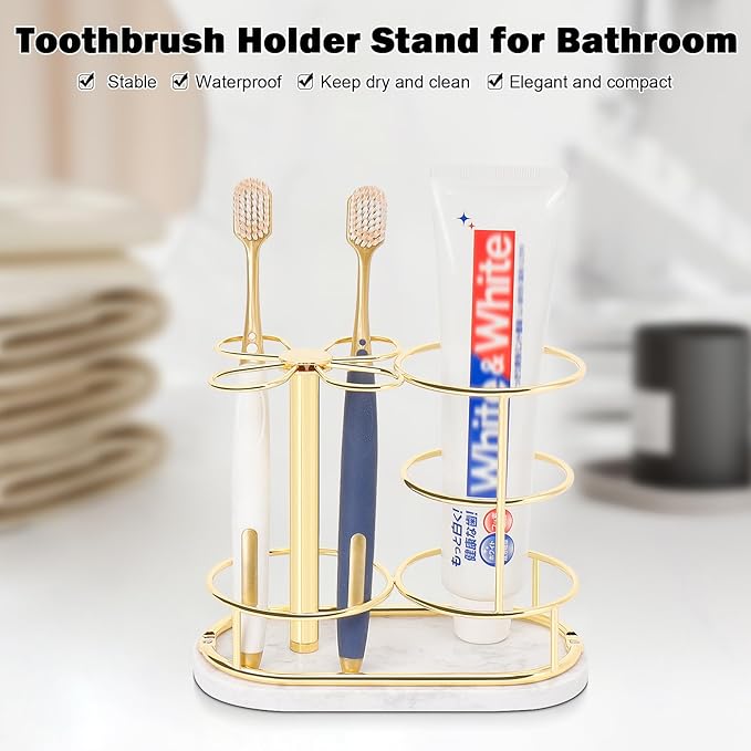 Toothbrush Holder Stand for Bathroom, Metal Toothbrush Organizer with Marble Base, Toothbrush Storage Collection for Family, Suitable for Home Hotel Countertop Vanity (Medium, Gold)