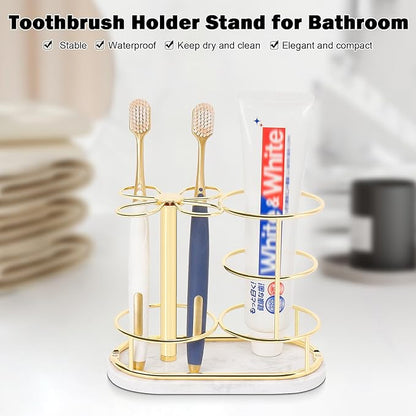 Toothbrush Holder Stand for Bathroom, Metal Toothbrush Organizer with Marble Base, Toothbrush Storage Collection for Family, Suitable for Home Hotel Countertop Vanity (Medium, Gold)