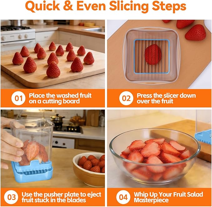 Fruit Slicer Cup for Strawberry, Banana, Hard-Boiled Egg - Detachable Cutter with Push Plate - Rapid & Safe Slicing Kitchen Gadget for Quick Meal Prep (Blue)