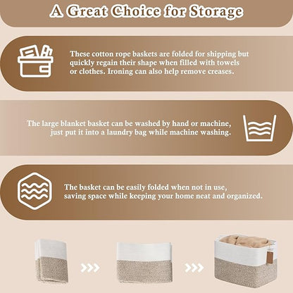 Goodpick Woven Storage Baskets for Organizing, Blanket Basket Living Room, Rope Baskets for Storage, Rectangle Toy Basket With Handles, Brown and White, 18 x 14 x 12 Inches