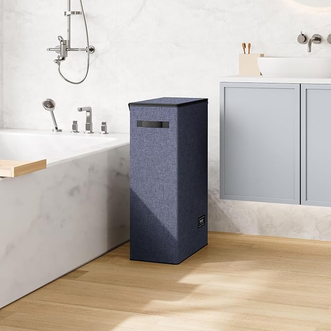 SOLEDI Slim Laundry Hamper with Lid, Narrow Laundry Basket with Removable Bags, Dirty Clothes Hamper with handle, Small Hamper perfect for Laundry room, Bathroom, Bedroom, Small spaces. 70L Navy Blue