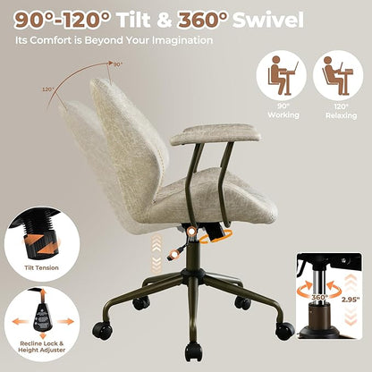 ovios Home Office Chair, Mid-Century Modern Faux Suede Leather Ergonomic Chairs, Mid Back Comfy Computer Swivel Rolling Task Executive Armchair, Beige