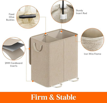 Lifewit Double Laundry Hamper with Lid and Removable Laundry Bags, Large Collapsible 2 Dividers Dirty Clothes Basket with Handles for Bedroom, Laundry Room, Closet, Bathroom, College, 136L Beige