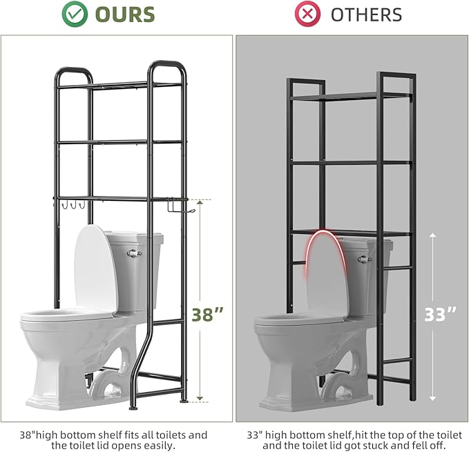 Simple Trending Over The Toilet Storage Rack, Metal 3 Tier Bathroom Organizer Shelf with Paper Holder and 3 Hooks, Freestanding Shelf Space Saver Above Toilet,Black