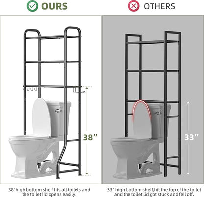 Simple Trending Over The Toilet Storage Rack, Metal 3 Tier Bathroom Organizer Shelf with Paper Holder and 3 Hooks, Freestanding Shelf Space Saver Above Toilet,Black