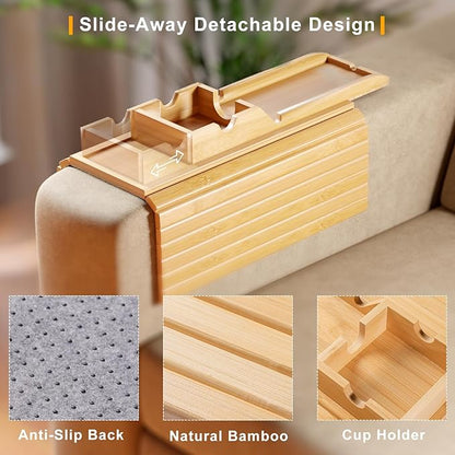 Bestjing Bamboo Sofa Armrest Tray - Couch Arm Tray with Detachable Couch Cup Holder - 2 in 1 Anti-Slip Foldable Sofa Armchair Caddy Table for Drinks Cellphone TV Remote Snacks