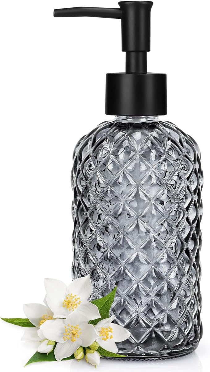 Topsky Gem Glass Soap Dispenser with Black Plastic Pump, 13oz Liquid Hand Soap Dispenser, Rustproof Pump for Kitchen & Bathroom, Great for Lotions, Essential Oil, Liquid Soaps-Gray