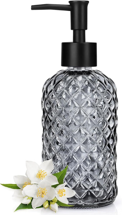 Topsky Gem Glass Soap Dispenser with Black Plastic Pump, 13oz Liquid Hand Soap Dispenser, Rustproof Pump for Kitchen & Bathroom, Great for Lotions, Essential Oil, Liquid Soaps-Gray