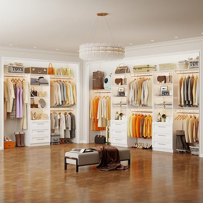 Closet System with 9 Drawers, 11-17FT Closet Organizer System with Cuttable Shelves for Walk in Closet with 9 Expandable Hanging Rods, Heavy Duty Built-in Closet for Bedroom, White(3 Sets)
