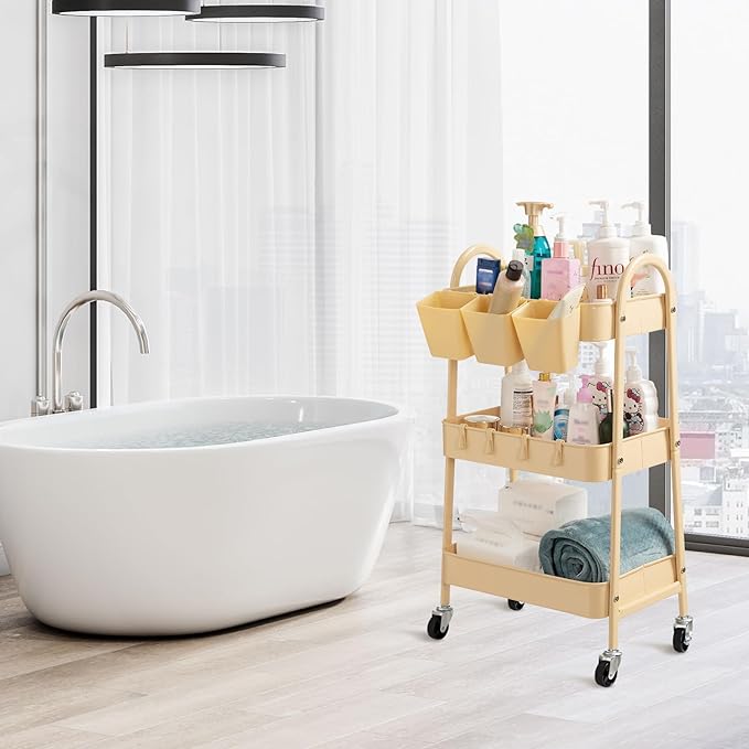 danpinera 3-Tier Rolling Cart, Utility Cart Mobile Metal Rolling Storage Cart with Lockable Wheels & Hanging Cups & Hooks for Kitchen, Bathroom, Office, Workshop, Yellow