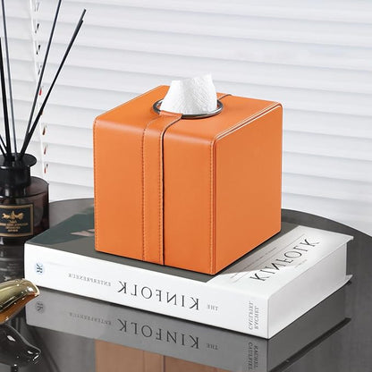 MEIBOOCH Square Tissue Box Cover, Luxury PU Leather Tissue Holder with Magnetic Closure (Orange)