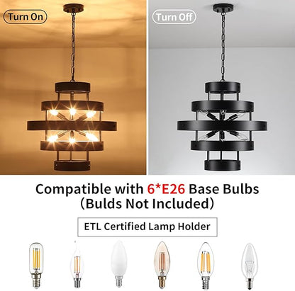 Modern Dining Room Light Fixture Over Table, 6-Light Black Farmhouse Chandelier Industrial Round Metal Rustic Chandeliers Lighting for Kitchen Living Room Entryway Hallway