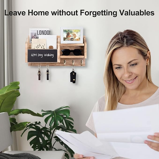 Lwenki Mail and Key Holder – Wall Mount Key Hanger with Shelf and 7 Metal Hooks – Decorative Natural Paulownia Wood Entryway Organizer with Mounting Hardware (16.5”W x 8.7”H x 3.5”D) (Wood)