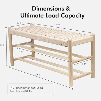Solid Wood Entryway Bench with Shoe Storage, Rustic Oak Wood and Woven Design 39.4 Inch Long Seating for Living and Dining Rooms, 3-Tier Nature