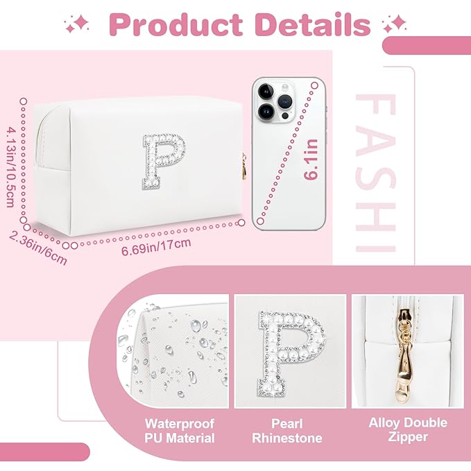 Bride Gifts – Personalized Initial Makeup Bag with Pearl Rhinestone Patch, Preppy White Monogram Cosmetic/Toiletry Pouch, bridesmaid Gifts, Bridal Shower Gifts, Wedding Gifts, Bridal Gifts,P