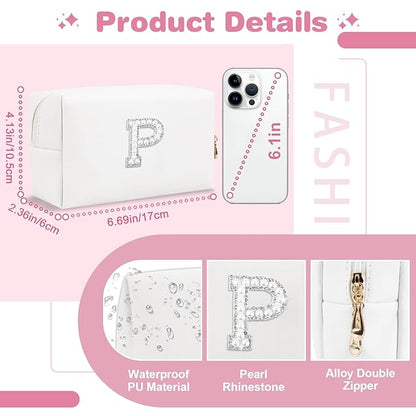 Bride Gifts – Personalized Initial Makeup Bag with Pearl Rhinestone Patch, Preppy White Monogram Cosmetic/Toiletry Pouch, bridesmaid Gifts, Bridal Shower Gifts, Wedding Gifts, Bridal Gifts,P