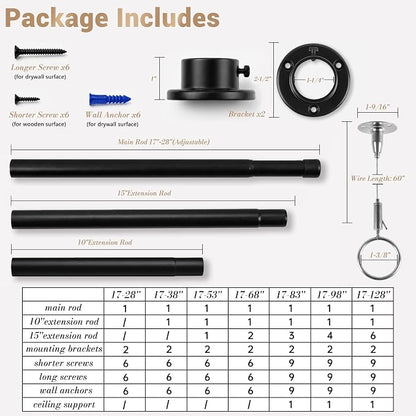 Closet Rod Adjustable 17 to 128 Inch, 1-1/4” Diameter, Closet Rods for Hanging Clothes, Stepless Metal Heavy Duty Hanging Rod for Closet Wardrobes Laundry RV (Black)