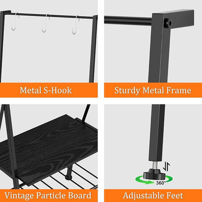 Blanket Ladder Metal Towel Ladder with Shelf Standing Towel Rack Holder for Bathroom 6 Tier Blanket Ladder for the Living Room Blanket Rack with Removable Hooks, Black