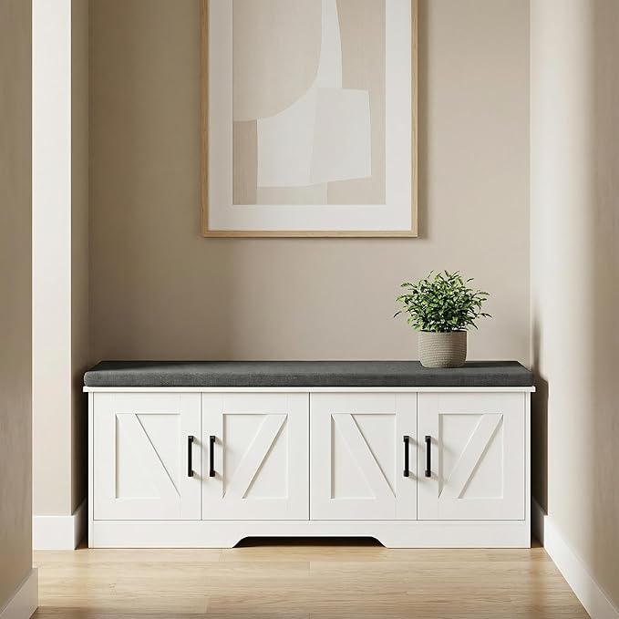 HOMSHO 2-Tier Storage Bench, 47.2" Wide Shoe Bench with Padded Seat Cushion, Entryway Bench with 4 Barn Doors and Adjustable Shelf, White