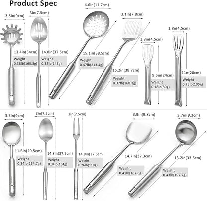 304 18/10 Stainless Steel Kitchen Utensils Set 11 Pcs Long Metal Cooking Utensil, Spatula, Soup spoon, Leaking shovel, Ladle, Tunner, Pasta Server, Meat Fork, Tongs Kitchen Tools Set, Dishwasher Safe
