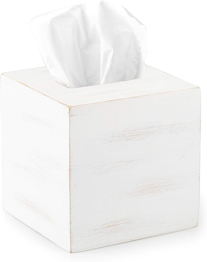 Ilyapa Wood Tissue Box Cover Square - Rustic Farmhouse White Wooden Tissue Holder