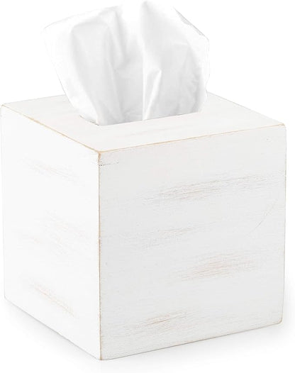 Ilyapa Wood Tissue Box Cover Square - Rustic Farmhouse White Wooden Tissue Holder