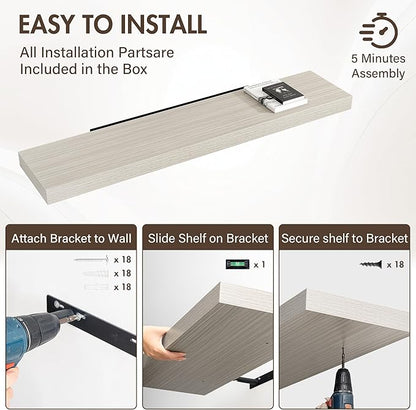 Acovy 55 Inch Floating Shelves, 12" Deep Floating Shelf Wall Mounted, 55" Wall Shelves, Rustic Deep Bookshelf, Extra Deeper & Thicker Display Shelves for Bedroom, Living Room, Gray, Set of 2