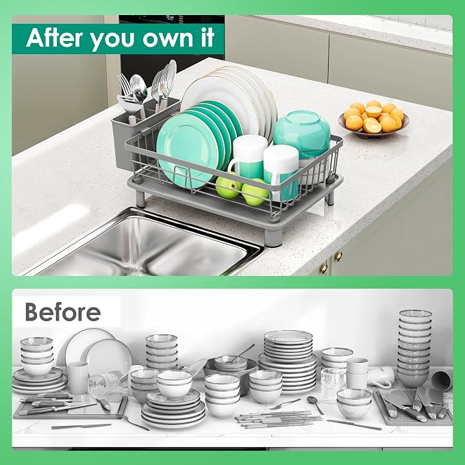GAOKASE Dish Drying Rack, Stainless Steel-Dish Rack, Dish Racks for Kitchen Counter, Kitchen Dish Drainers with Removable Utensil Holder,New Drain Outlet,Plate Rack and Drainboard,(gray-11 W x 15" L)