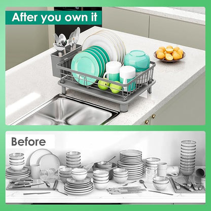 GAOKASE Dish Drying Rack, Stainless Steel-Dish Rack, Dish Racks for Kitchen Counter, Kitchen Dish Drainers with Removable Utensil Holder,New Drain Outlet,Plate Rack and Drainboard,(gray-11 W x 15" L)