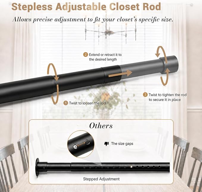 Closet Rod Adjustable 17 to 53 Inch, 1-1/4” Diameter, Closet Rods for Hanging Clothes, Stepless Metal Heavy Duty Hanging Rod for Closet Wardrobes Laundry RV (Black)