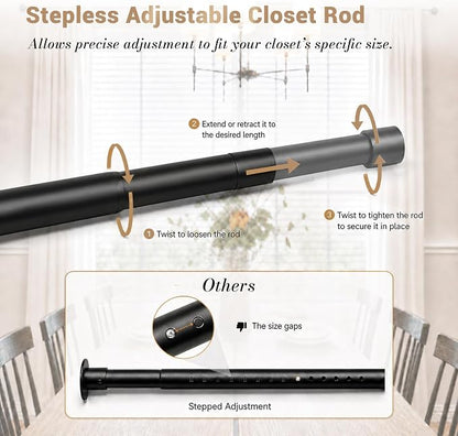 Closet Rod Adjustable 17 to 53 Inch, 1-1/4” Diameter, Closet Rods for Hanging Clothes, Stepless Metal Heavy Duty Hanging Rod for Closet Wardrobes Laundry RV (Black)