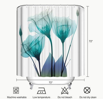 Teal Floral Shower Curtain Turquoise Tulip Flower Shower Curtains for Bathroom Waterproof Polyester Fabric Bath Curtain 72 x 72 Inch with 12 Hooks