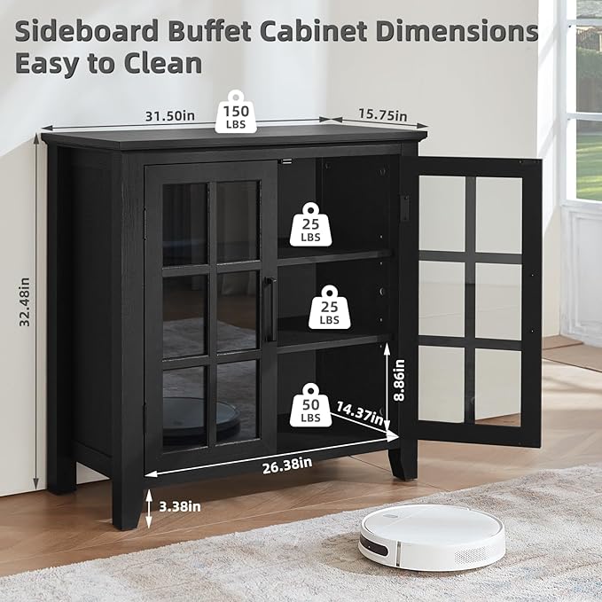 Large Sideboard Buffet Cabinet with Storage, 32" Farmhouse Kitchen Coffee Wine Bar Cabinet with 2 Glass Doors, Wood Mid Century Modern Side Board Table for Dining Room, Living Room, Black