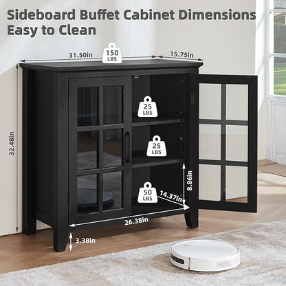Large Sideboard Buffet Cabinet with Storage, 32" Farmhouse Kitchen Coffee Wine Bar Cabinet with 2 Glass Doors, Wood Mid Century Modern Side Board Table for Dining Room, Living Room, Black