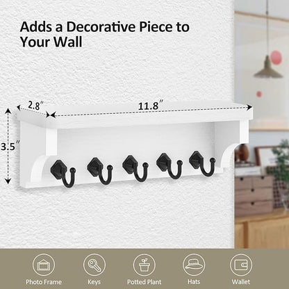 Nekon Key Holder for Wall, 11.8" W x 3.5" H x 2.8" D Decorative Key Organizer with Floating Shelf, Wall Mount Key Rack with 5 Hooks (Rustic White)