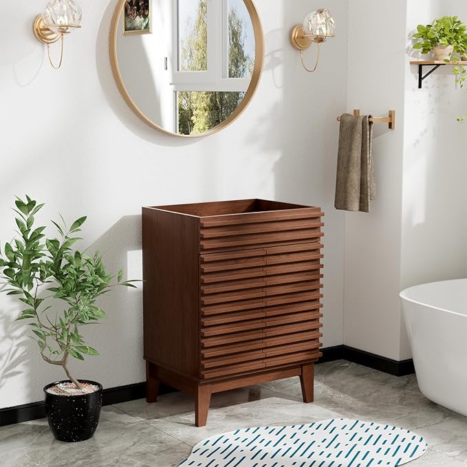 ROOMTEC 24" Bathroom Vanity, Mid-Century Freestanding Bathroom Cabinet Vanity with Storage, Particleboard Frame with Wood Grain Laminate, Walnut (Sink Basin Not Included)