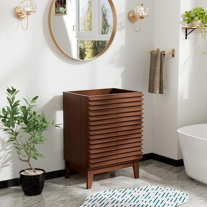 ROOMTEC 24" Bathroom Vanity, Mid-Century Freestanding Bathroom Cabinet Vanity with Storage, Particleboard Frame with Wood Grain Laminate, Walnut (Sink Basin Not Included)