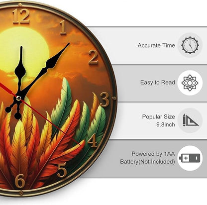 Wall Clock， Sunset Feather Bohemian Non Ticking Wall Clocks Battery Operated， Gold Wooden Wall Clocks for Kitchen， Living Room， Bedroom， Office Decorative 25 * 25cm